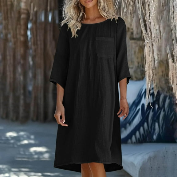 Up to 30% off Sundresses for Women 2025 Summer Saving, Fashion Women's Summer Casual Round Neck 3/4 Sleeve Solid Beach Sundresses Pockets Dress(Black,M)