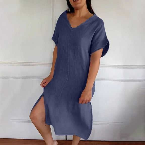 Up to 30% off Sundresses for Women 2025 Summer Saving, Fashion Women's Summer Casual V-Neck Short Sleeve Solid Beach Sundresses Vent Dress(Navy,XXL)