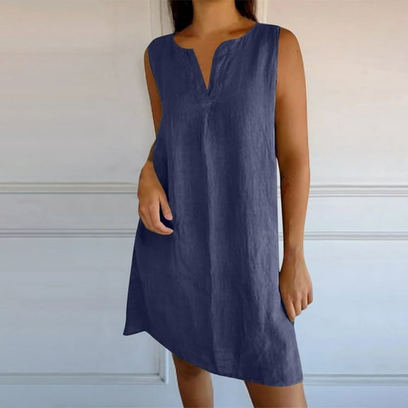 Up to 30% off Sundresses for Women 2025 Summer Saving, Fashion Women's Summer Casual V-Neck Short Sleeve Solid Beach Sundresses Vent Dress(Navy,XXL)