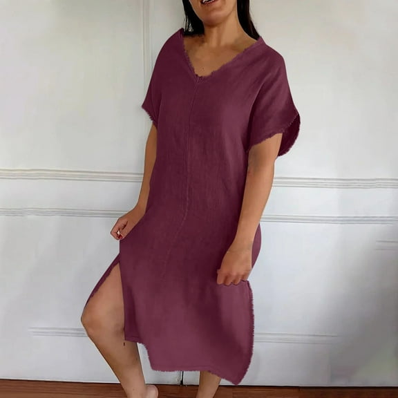 Up to 30% off Sundresses for Women 2025 Summer Saving, Fashion Women's Summer Casual V-Neck Short Sleeve Solid Beach Sundresses Vent Dress(Wine,XXL)