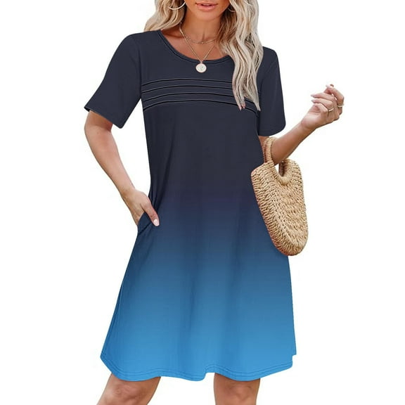 Up to 30% off Sundresses for Women 2025 Summer Saving, Women's Summer Gradient Print Short Sleeve Round Neck Front Pleated Dress With Pocket(Dark Blue,XXL)