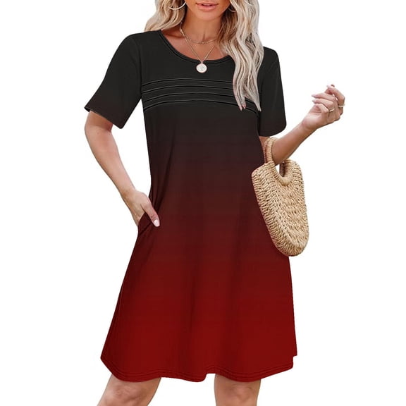 Up to 30% off Sundresses for Women 2025 Summer Saving, Women's Summer Gradient Print Short Sleeve Round Neck Front Pleated Dress With Pocket(Red,XXL)