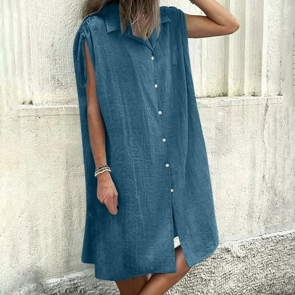 Up to 30% off Sundresses for Women 2025 Summer Saving, Women's Summer Imitation And Linen Lapel Solid Color With Pockets Shoulder Drawstring Dress(Dark Blue,XXL)