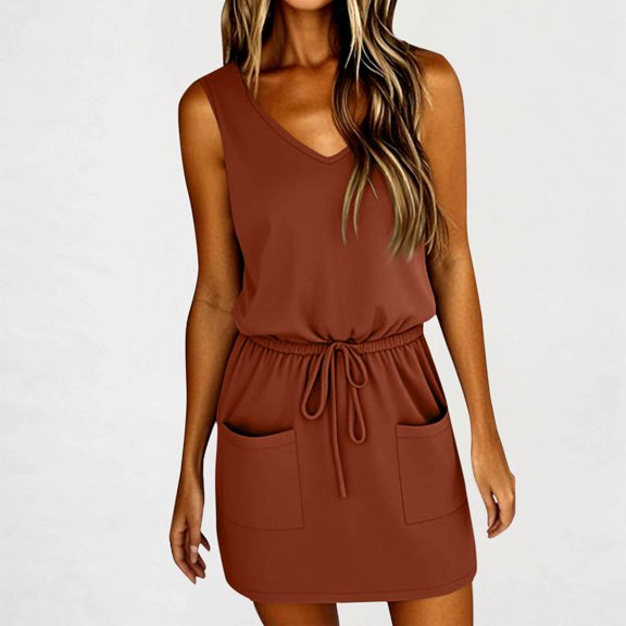 Up to 30% off Sundresses for Women 2025 Summer Saving, Women's Summer Sexy Fashion Solid Color Sleeveless V-Neck Bandage Pocket Dress(Mint Green,XXL)