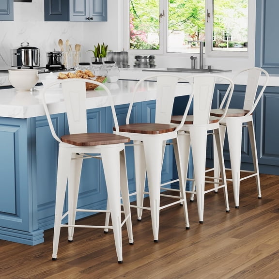 30" Swivel Bar Stools Set of 4 Metal Bar Height Chairs Off-White | Modern Farmhouse Barstools for Kitchen Island, Dining Room, High Back Bar Chairs with Large Wooden Seat, Easy Assembly