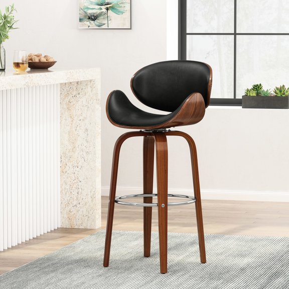 30" Swivel Barstool in Mid-Century Style | Great for Home & Commercial Use, Smooth Swivel | Walnut Wood, Chrome Finish | Simplifies Cleaning Process