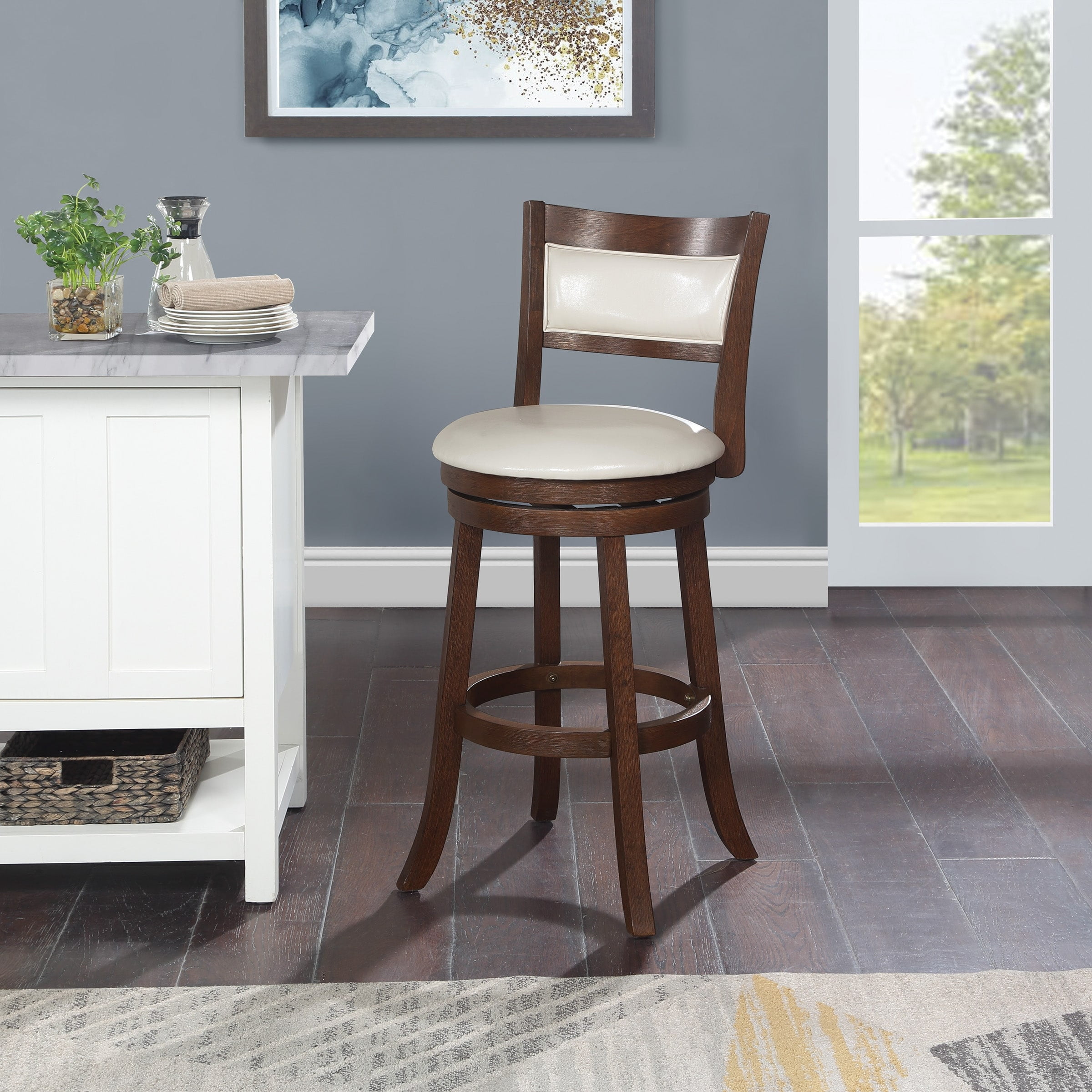 30" Cream Faux Leather Swivel Stool with Dark Walnut Wood Frame