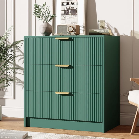 30" Tall 3-Drawer Dresser for Bedroom, Modern Vertical Fluted Nightstand with Gold Metal Handles, Multi-Functional Storage Chest for Bedroom, Living Room, Entryway & Hallway