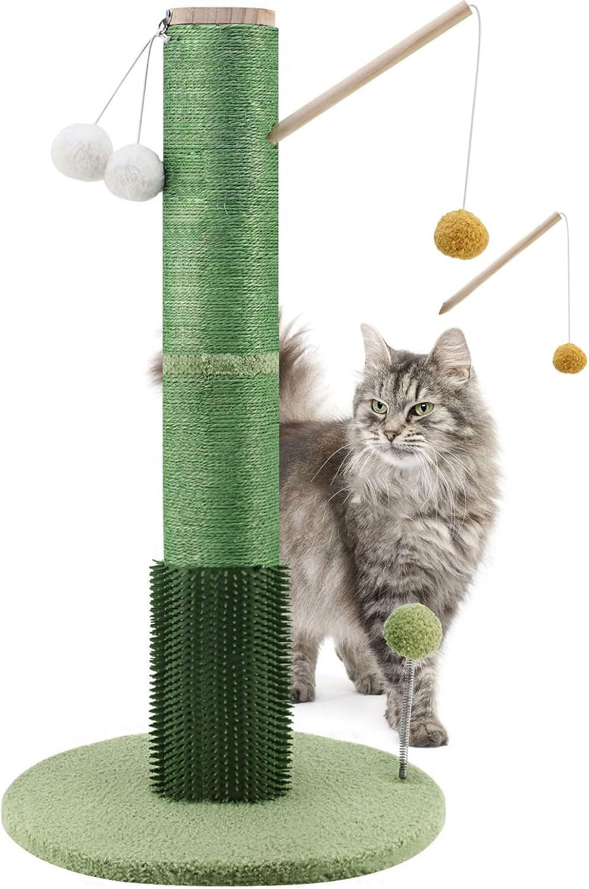 30" Tall Cat Scratching Post with Self Groomer Cat Brush, Sisal Scratch Posts with Removable Cat Teaser, Kitten Claw Scratch 4 Dangling Toy Balls, Cat Scratcher Post for Indoor Cats and Kittens