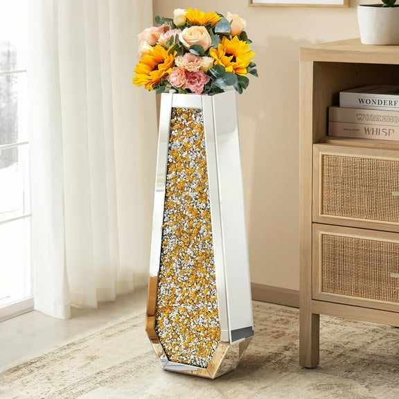30" Tall Crushed Diamond Floor Vase, Gold Large Vases for Decor Living Room, Crystal Mirrored Home Decor Vases for Dried Flower