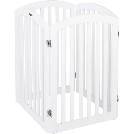30” Tall Free Standing Dog Gate for Doorways, 4 Panel Folding Pet Gates for The House Extra Wide, Indoor Dog Fence Wooden Gate for Puppy | Up to 83” Wide | White | 4 Foot Supporters