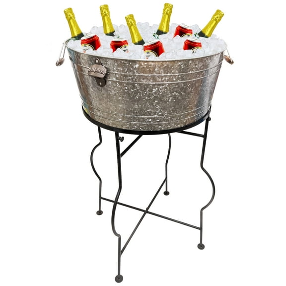 30" Tall Free-Standing Galvanized Metal Beverage Tub with Removable Stand, Features Wooden Carry Handles and Built-in Bottle Opener - Ice Bucket Drink Holder for Parties (Outdoor or Indoor Use)