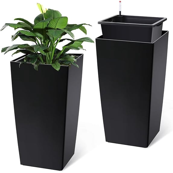 30" Tall Planters Set of 2, Outdoor&Indoor Black Planter Pots, High Front Porch Planter Pots with Drainage Holes&Water Level Monitor Movable Wheels &Inner Bucket, Automatic Watering, Black