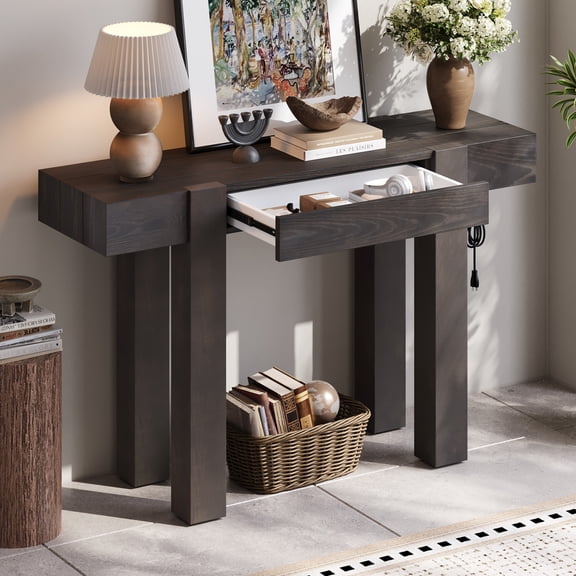 30" Tall Rustic Minimalist Console Table with Side Power Outlet, Wood Entryway Table with Hidden Drawer, Console Table for Entryways Living Rooms Home Offices, Espresso