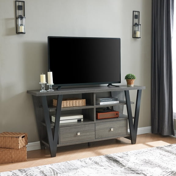 30" Tall TV Stand Cabinet with 2 Drawers & 2 Divided Shelves Metal Glides Wooden V-Legs