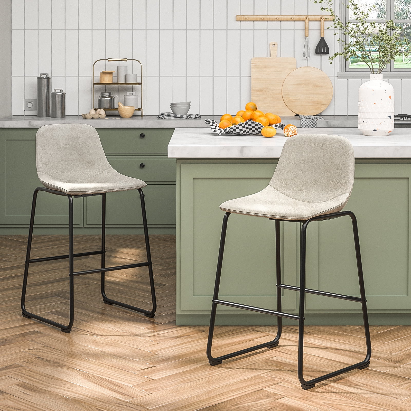 30" Tech Cloth Bar Stools with Backs, Beige, Set of 2