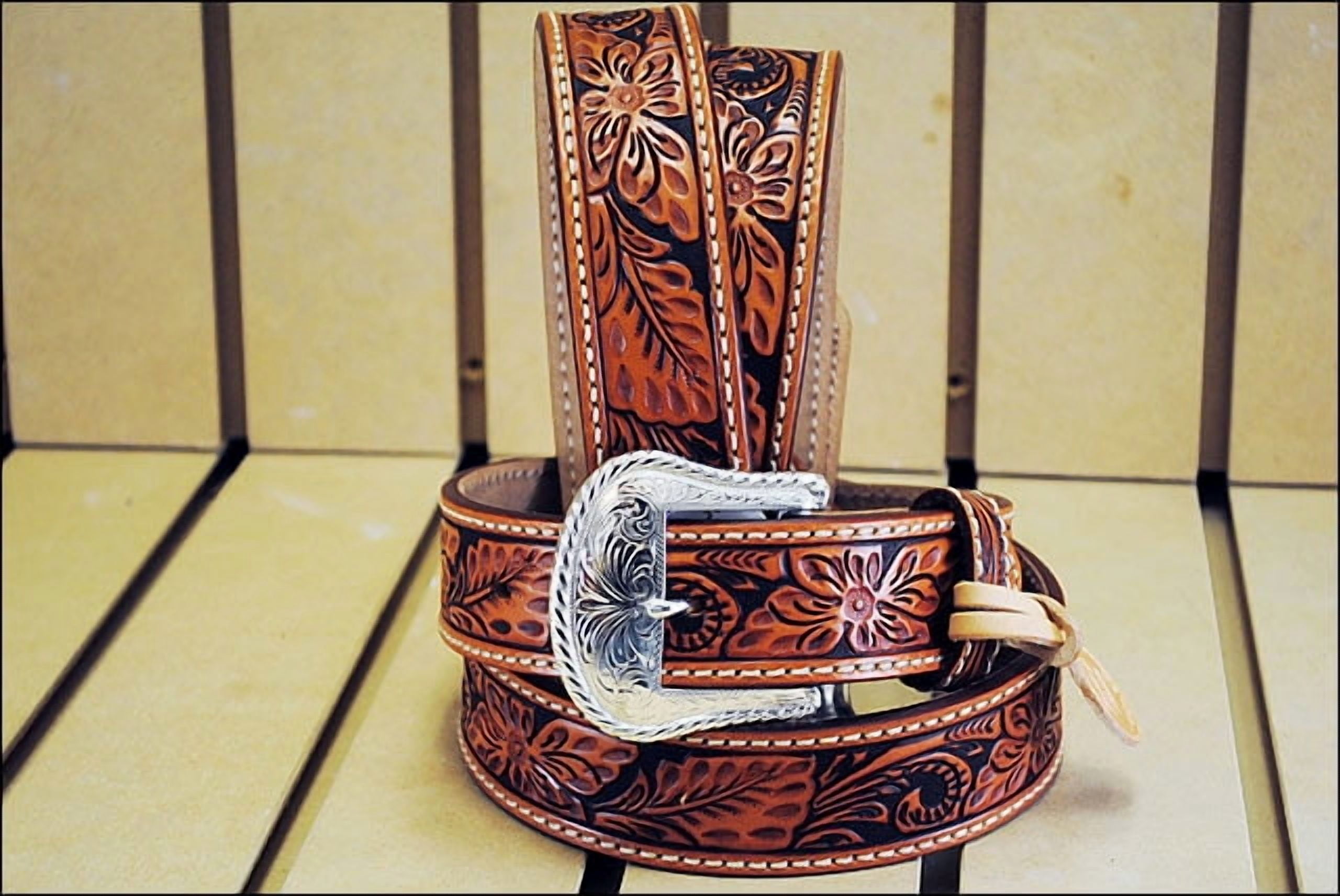 Tony Lama 34L Tooled Leather Belt With Cross Cutout Brass Buckle Made In USA Tony Lama 34L Tooled Leather Belt With Cross Cutout Brass  main image 4