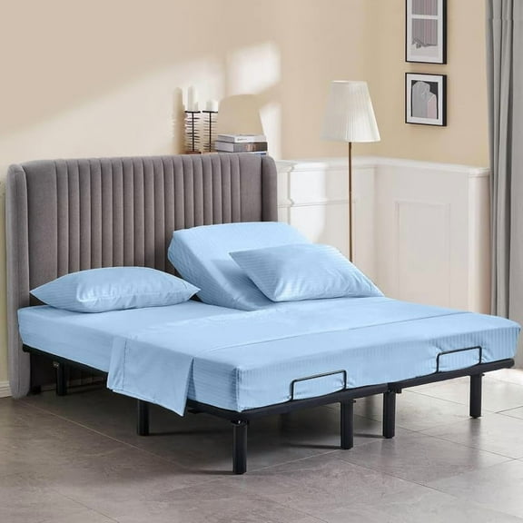 30" Top Split Head Sheets, 600-TC Egyptian Cotton 4-Piece Queen Split Head Sheet Set, 9–12 Inch Deep Pocket, Stripe Light Blue