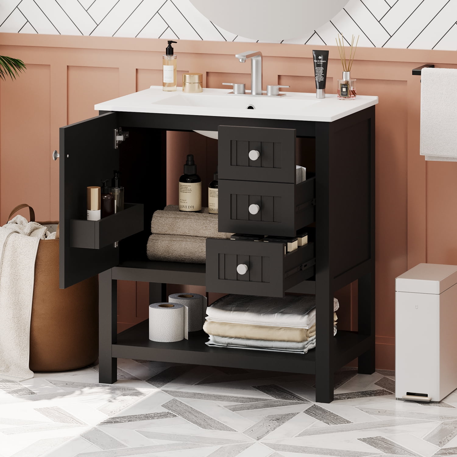30” Transitional Bathroom Vanity Cabinet Combo Ceramic Sink Soft Close ...
