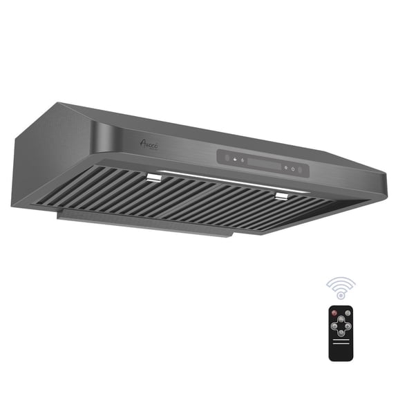 Awoco 30" Black Stainless Steel Under Cabinet 7"H Range Hood with Gesture Control, 8" Round Top Vent