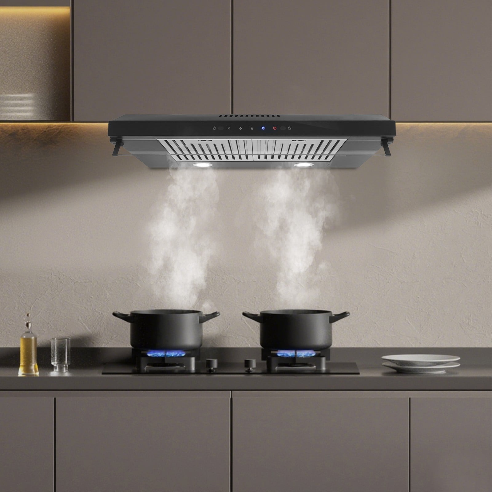 30" Modern Rectangular Black Under Cabinet Range Hood 900 CFM, Dual Motor Stainless Steel Kitchen Vent