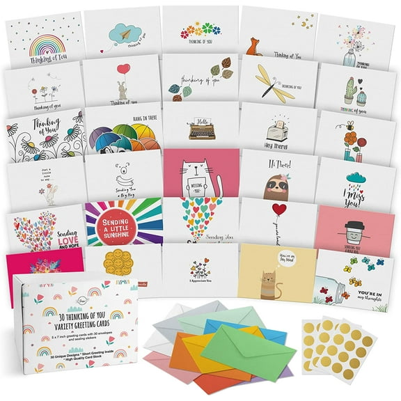 30 Unique Thinking Of You Cards With Greetings Inside. Large Greeting Cards Boxed Set. 30 Different Designs - No Repetition. Assorted Color Envelopes, Gold Seals, Storage Box.