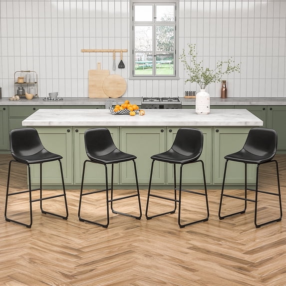 30" Upholstered Bar Stools with Backs, Black, Set of 4