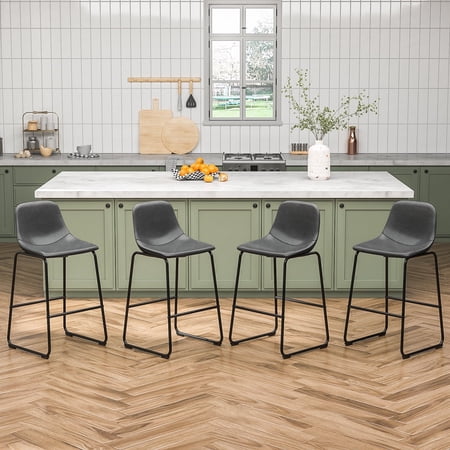 30" Upholstered Bar Stools with Backs, Gray, Set of 4