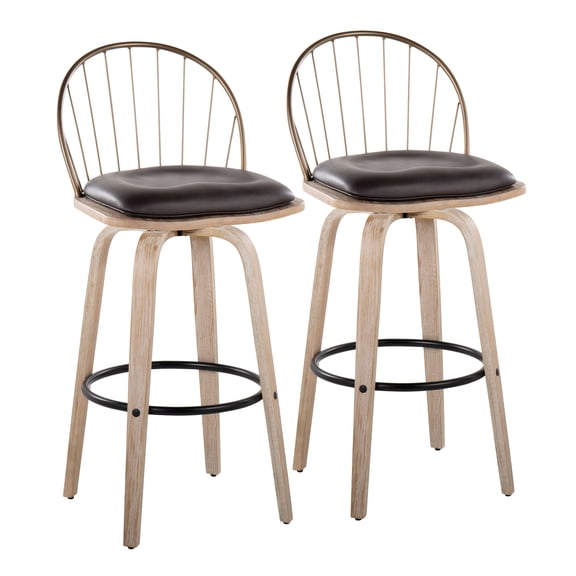 30"/Urban Fixed-Height Barstool with Swivel in White Washed Wood, Antique Copper Metal and Removable Brown Faux Leather Cushion - Set of 2