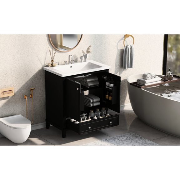 30" Vanity with Sink | Smooth Ceramic & Solid Wood Base | Freestanding Bathroom Addition