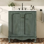 30" Vintage Bathroom Vanity with Rectangle Ceramic Sink, Antique Blue Double Door Storage Cabinet with Adjustable Shelves & Solid Wood Legs for Farmhouse Bathrooms