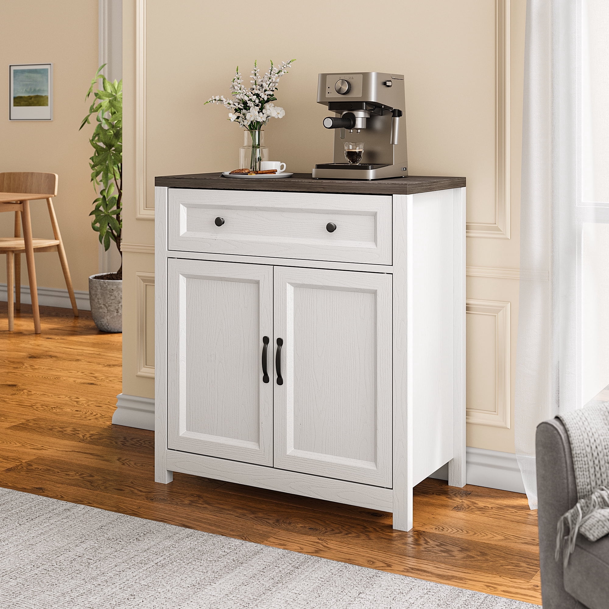 30"W Farmhouse Storage Cabinet with Barn Door - Adjustable Shelf & Large Drawer, Coffee Bar Sideboard for Kitchen, Living Room, Entryway, Gray