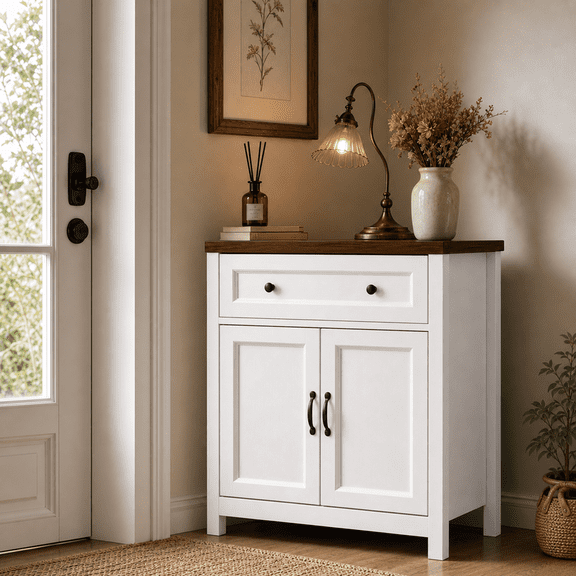 30"W Farmhouse Storage Cabinet with Barn Door - Adjustable Shelf & Large Drawer, Coffee Bar Sideboard for Kitchen, Living Room, Entryway, Retro