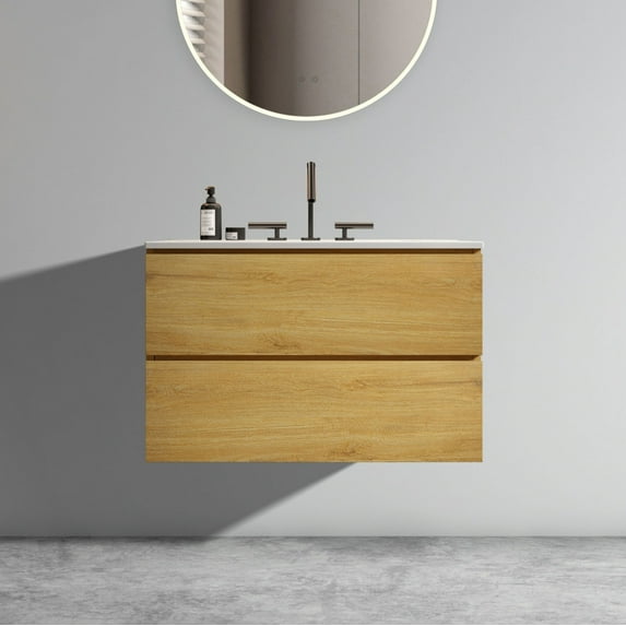 30" Wall Mount Bathroom Vanity with 3 Faucet Holes Ceramic Sink, One-Piece Large Storage Basin Vanity with 2 Drawers, Walnut Wood Bathroom Cabinet, Not Include Drain and Faucet, Oak