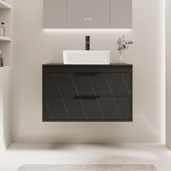 30" Wall Mount Single Bathroom Vanity with Vessel Sink, Floating Cabinet Manufactured Wood Top, Faucet, Drain
