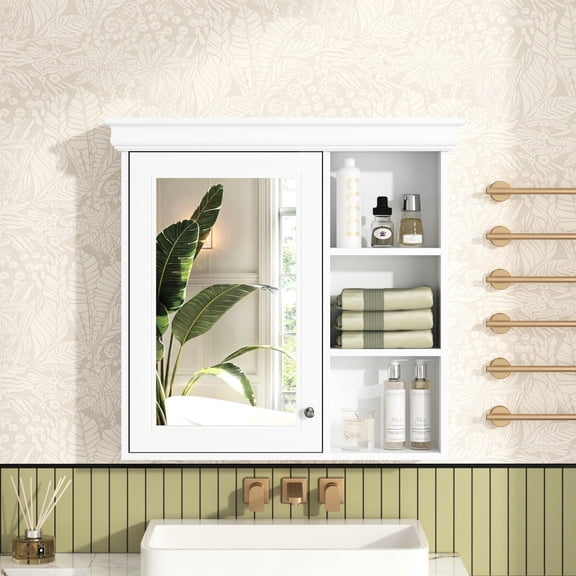 30'' Wall Mounted Bathroom Mirror Storage | Hidden & Open Shelves for Tidy Display | Durable MDF with Painted Finish | Easy to Assemble in Small Spaces