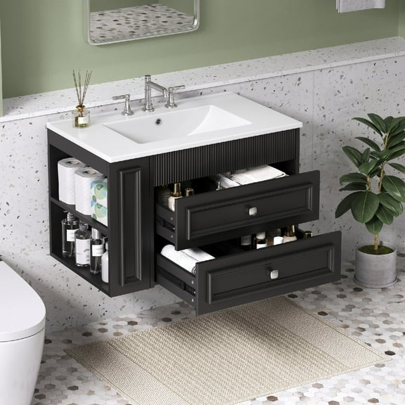 30'' Wall Mounted Bathroom Vanity with Ceramic Sink, Floating Bathroom Storage Cabinet with 2 Drawers and 3 Holes Single Ceramic Sink, Modern Cabinet, Faucet Not Include, Black