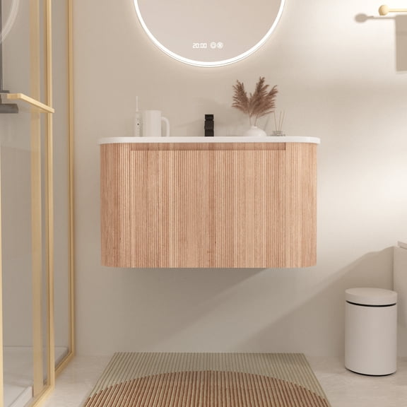 30 In Wall Mounted Bathroom Vanity with Sink Curved Design, Soft Close Drawer, Wave Texture Wood Finish, Integrated Cultured Marble, Pre-Assembled, Modern Floating Vanity Cabinet