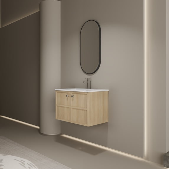30" Wall-Mounted Bathroom Vanity whit Ceramic Sink, 2-Soft Closing Door, Oak, Plywood