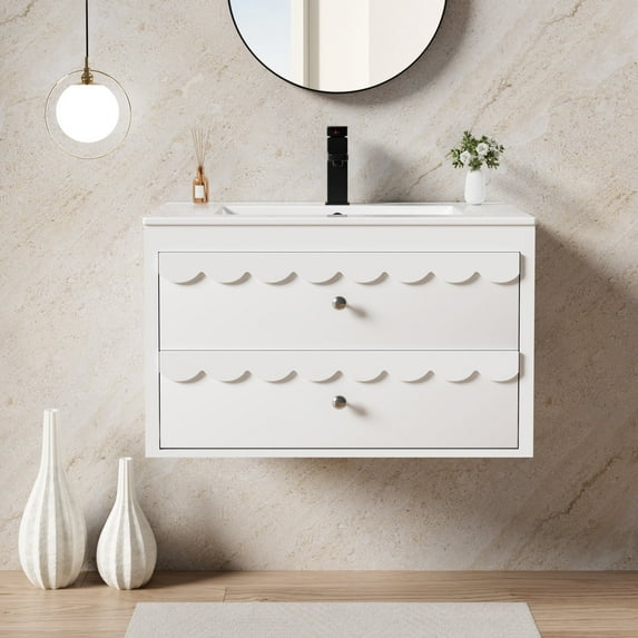 30" Wall Mounted Bathroom Vanity with Ceramic Sink Top, Faucet, Decorative Wavy Edge