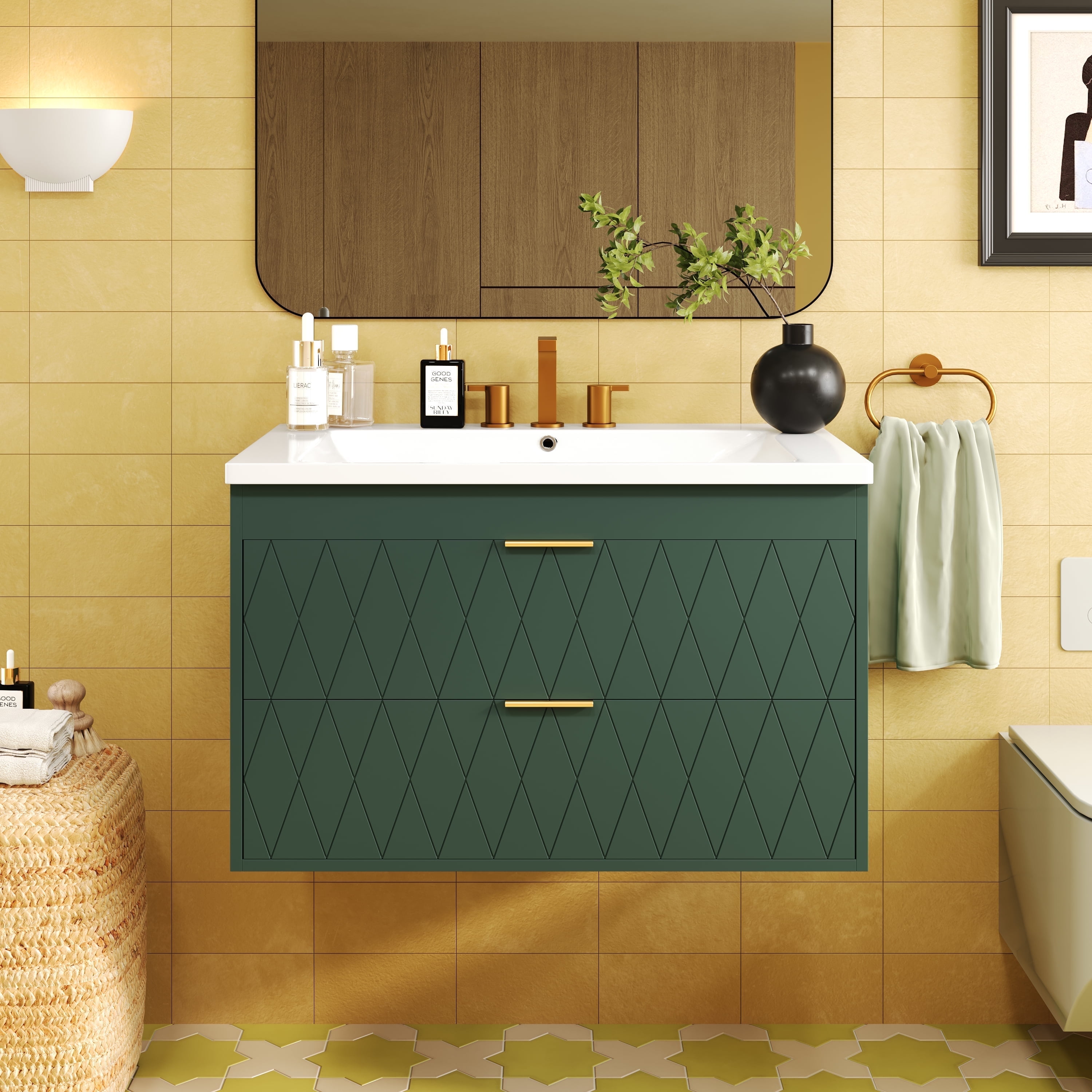 Green 30" Wall-Mounted Vanity with Resin Sink and Solid Wood Cabinet