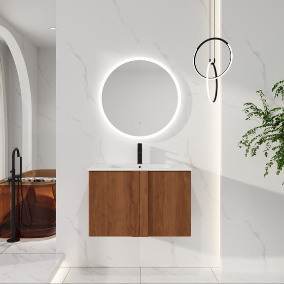 30" Wall-Mounted Bathroom Vanity with Sink Combo, Floating Vanity in Brown Ebony, Soft-Close Doors, Modern Design for Small to Medium Bathrooms