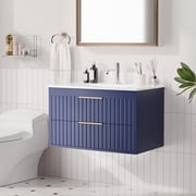 30 Wall Mounted Bathroom Vanity with Sink, Floating Design with 2 Spacious Drawers and Metal Handles, Blue
