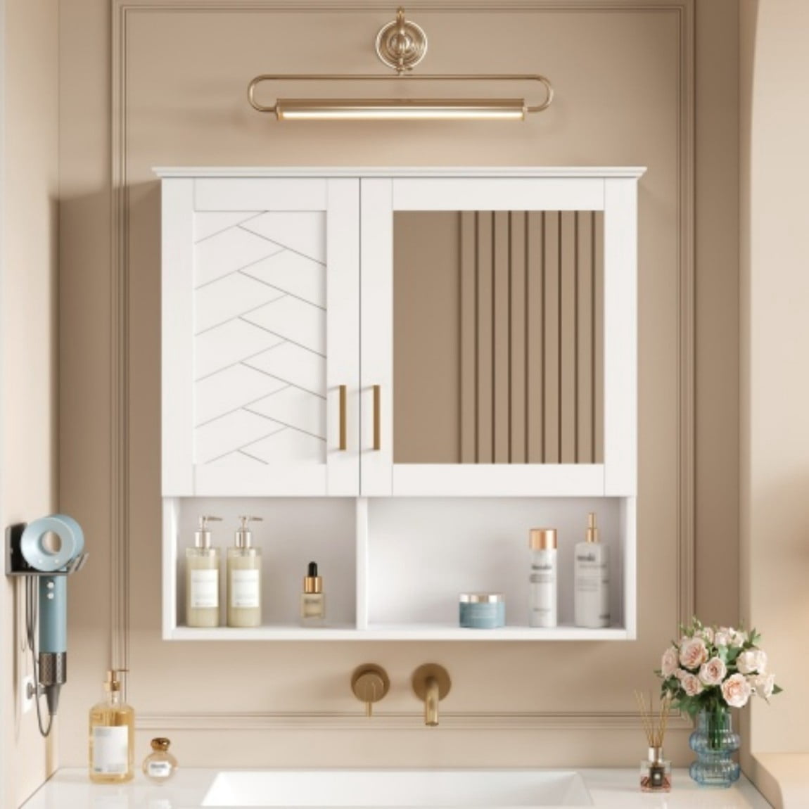 30" Wall Mounted Medicine Cabinet with Mirror, Bathroom Storage Cabinet with Adjustable Shelves, Soft Close Doors, Modern Mirror Cabinet for Bathroom Vanity, White