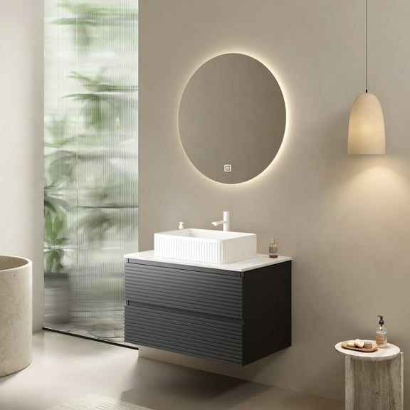 30" Wall Mounted Plywood Bathroom Storage Cabinet, Gray. Waterproof & Stain. 18mm Thick Plywood. 2 Spacious Drawers. Full Extension Undermount Drawer Slides. Modern Scandinavian Design. Assembly