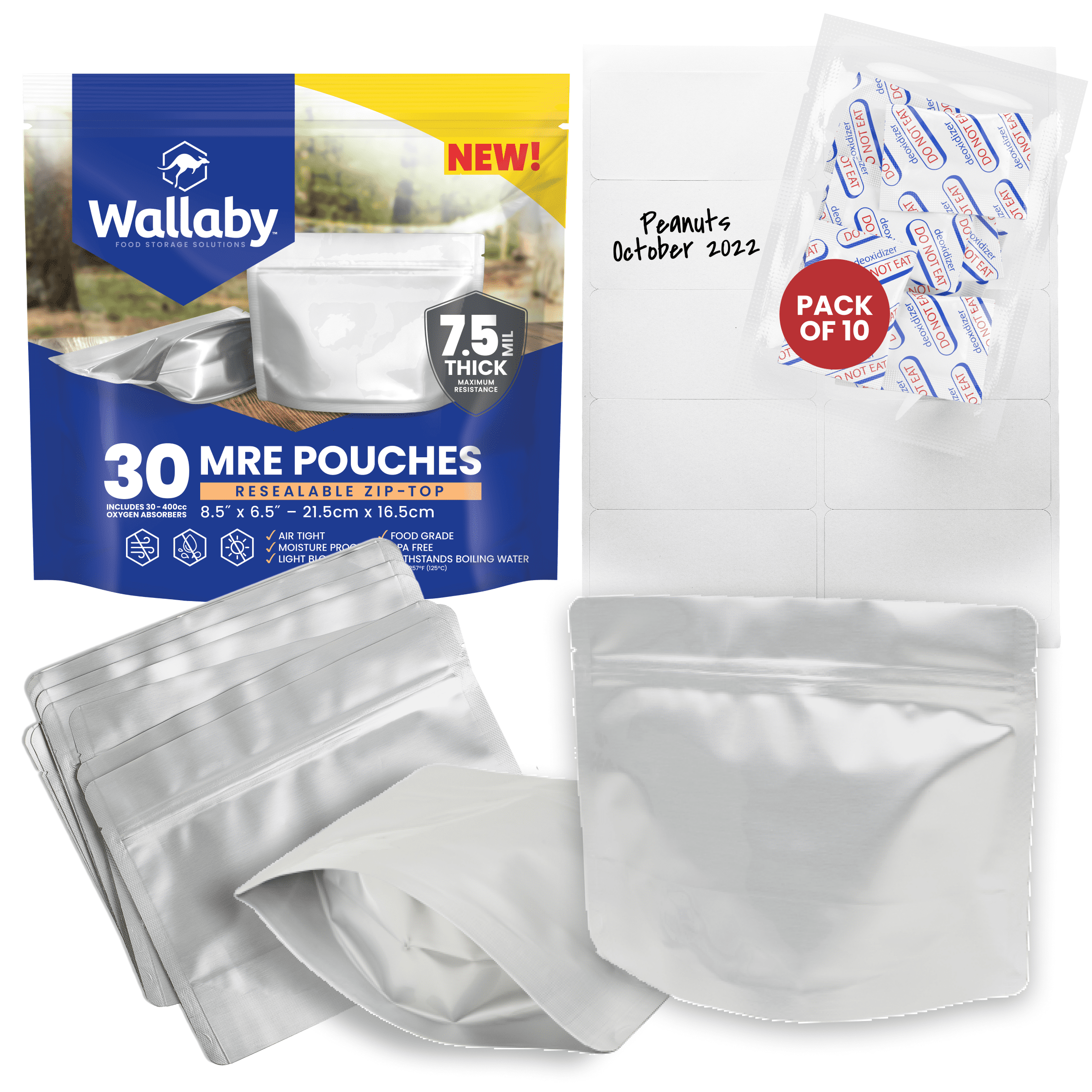 100 Pcs 1 Quart Mylar Bags for Food Storage with Oxygen Absorbers 300cc -  Smell Proof Mylar bags 1 Quart - Stand-Up Zipper Pouches 7.5 x 11.5 -  Small Mylar Ziplock Bags