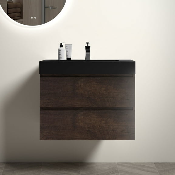 30" Walnut Bathroom Vanity with Sink, Large Storage Wall Mounted Floating Bathroom Vanity for Modern Bathroom, One-Piece Black Sink Basin Without Drain and Faucet, Pre-assembled