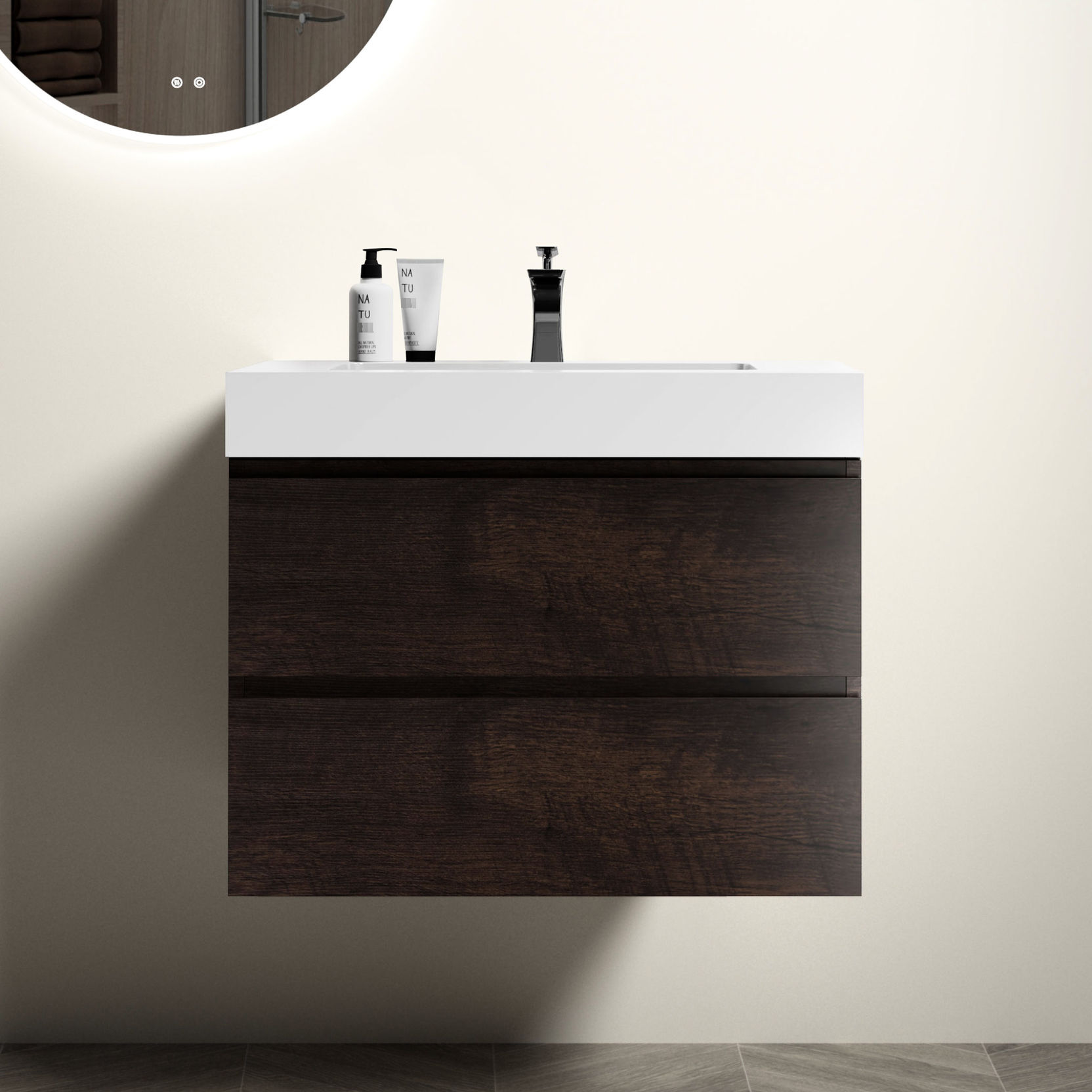 Curated visual reference: Picture Idea: 30 Walnut Bathroom Vanity With One Piece Sink For Modern