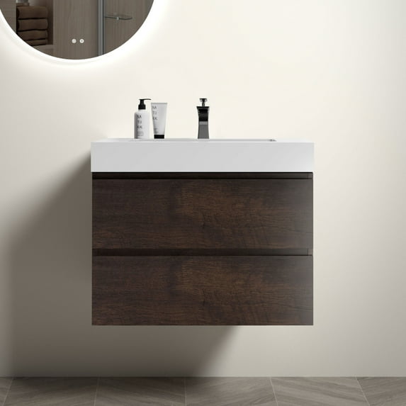 30" Walnut Floating Bathroom Vanity with Sink, Wall-Mounted Large Storage Cabinet for Modern Bathrooms, Pre-Assembled White One-Piece Basin No Drain Faucet, Eco-Friendly Design