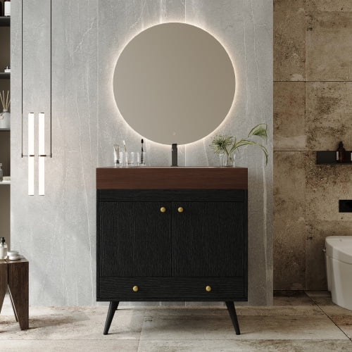 30" Waterproof Wood Bathroom Organizer, Space-Saving Freestanding Cabinet with Marble Top, Retro Bathroom Vanity with Ceramic Sink for Bathroom, Black,Gold,Walnut,White